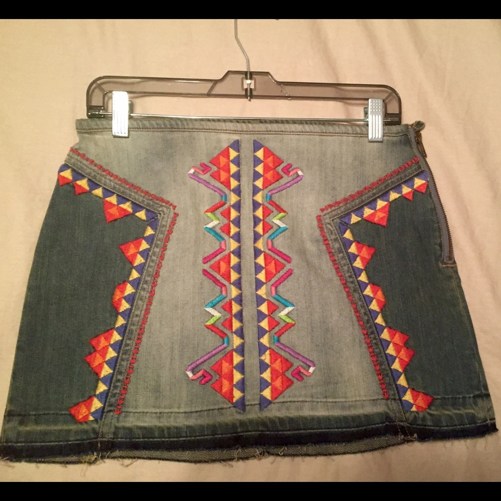 Embroidered Free People Denim mini skirt.